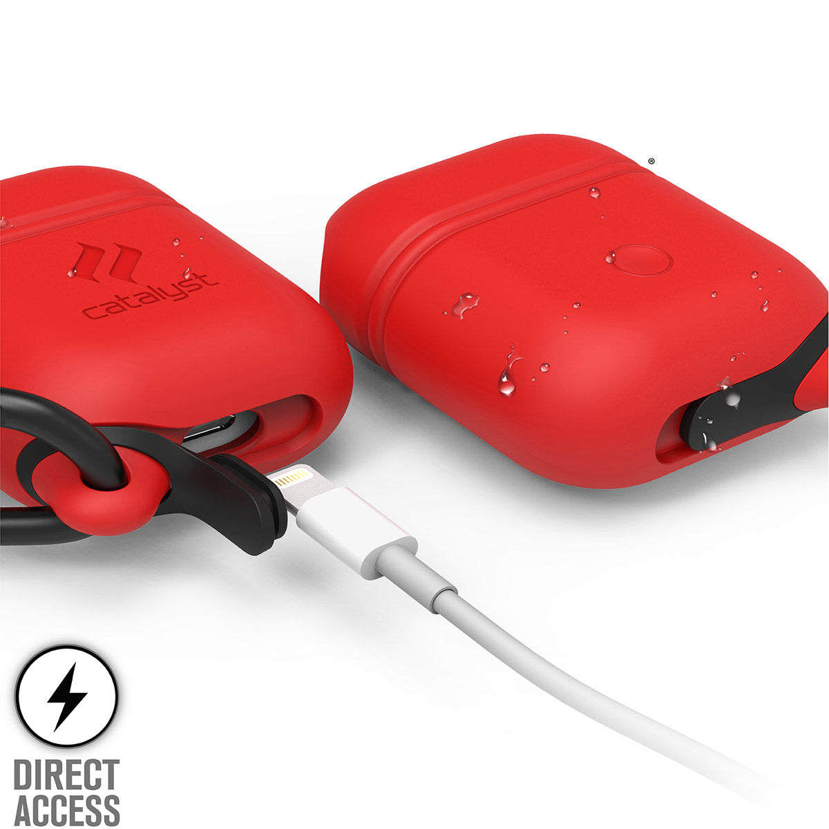 Catalyst airpods gen2/1 waterproof case + carabiner showing the front and back with lightning port in flame red text reads direct access