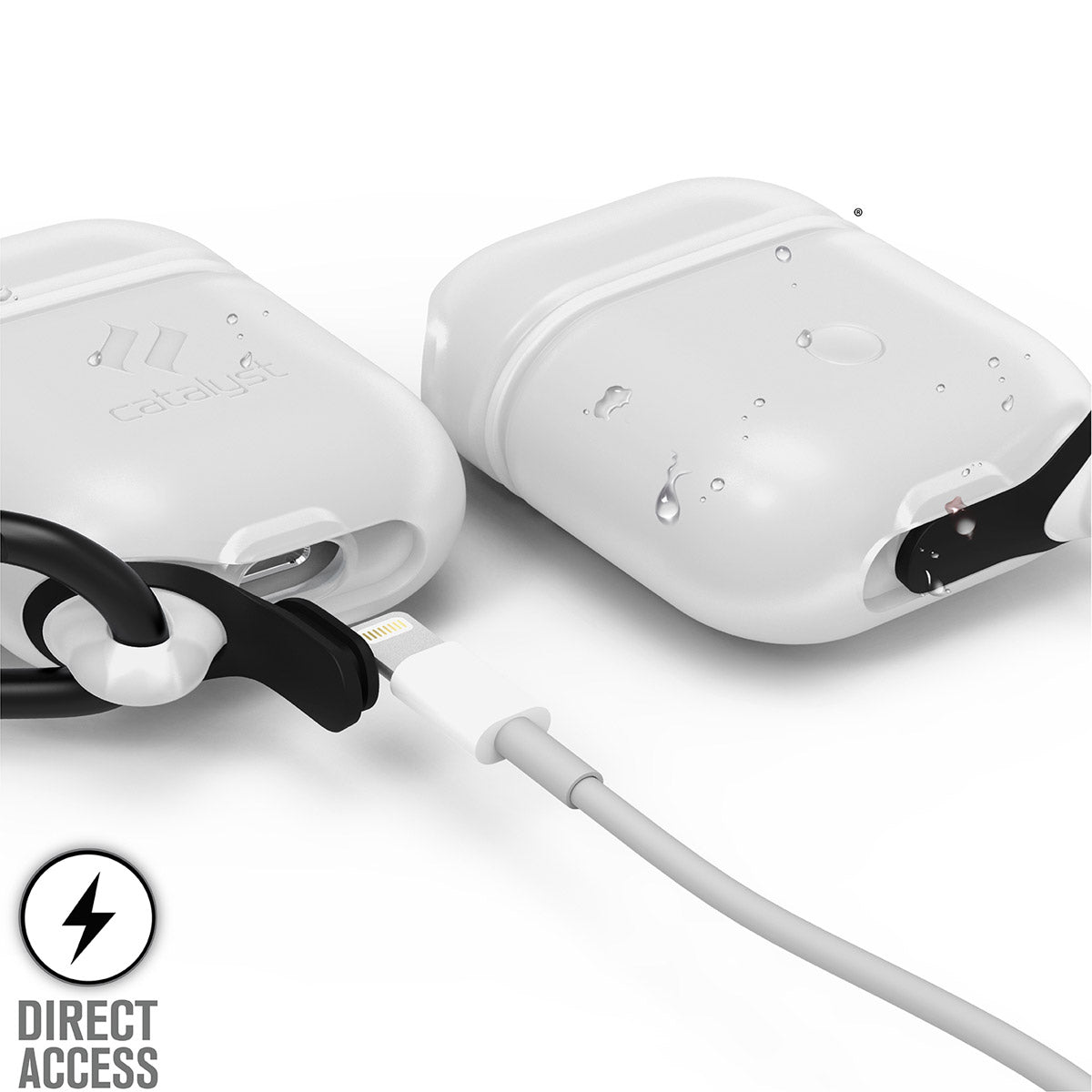 CATAPDWHT-FBA | Catalyst airpods gen2/1 waterproof case + carabiner showing the front and back with lightning port in frost white text reads direct access