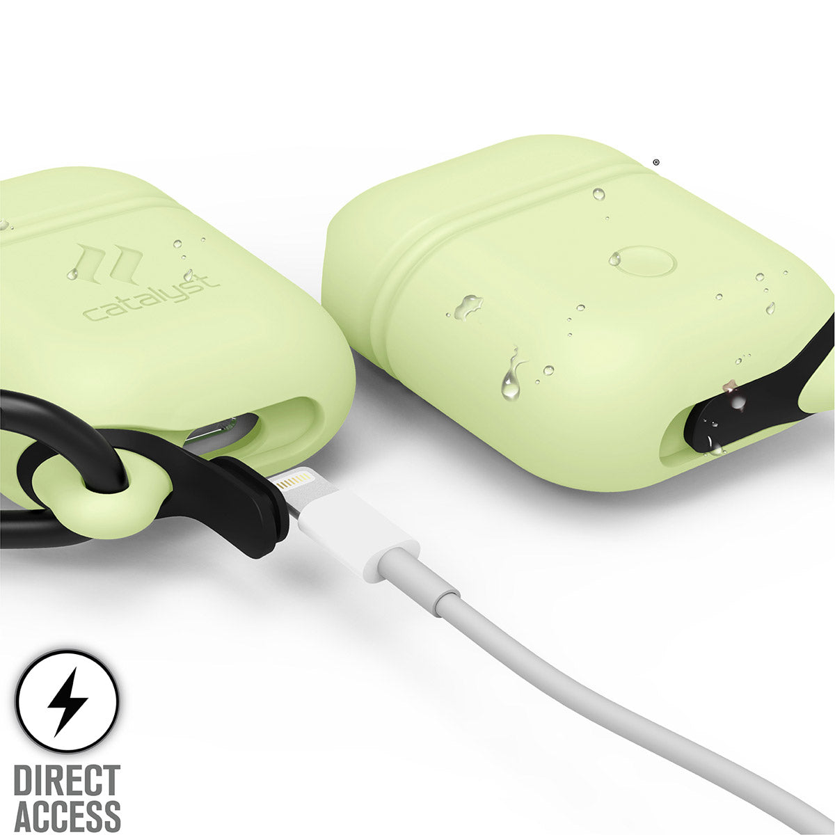 Catalyst airpods gen2/1 waterproof case + carabiner showing the front and back with lightning port in glow in the dark text reads direct access