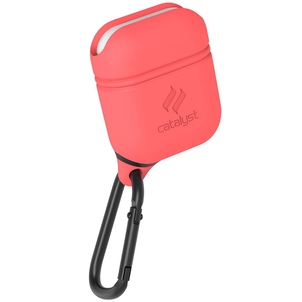 Catalyst airpods gen2/1 waterproof case + carabiner showing the front view of the case in coral