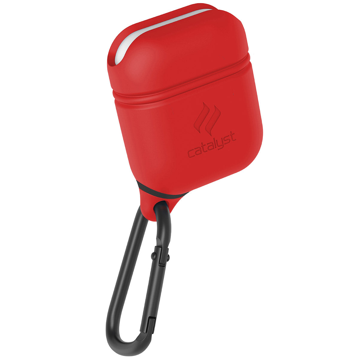 CATAPDRED | Catalyst airpods gen2/1 waterproof case + carabiner showing the front view of the case in flame red