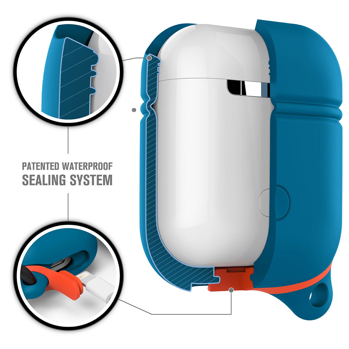 CATAPDTBFC-FBA | Catalyst airpods gen2/1 waterproof case + carabiner showing the inner materials of the case in blueridge sunset text reads patented waterproof sealing system