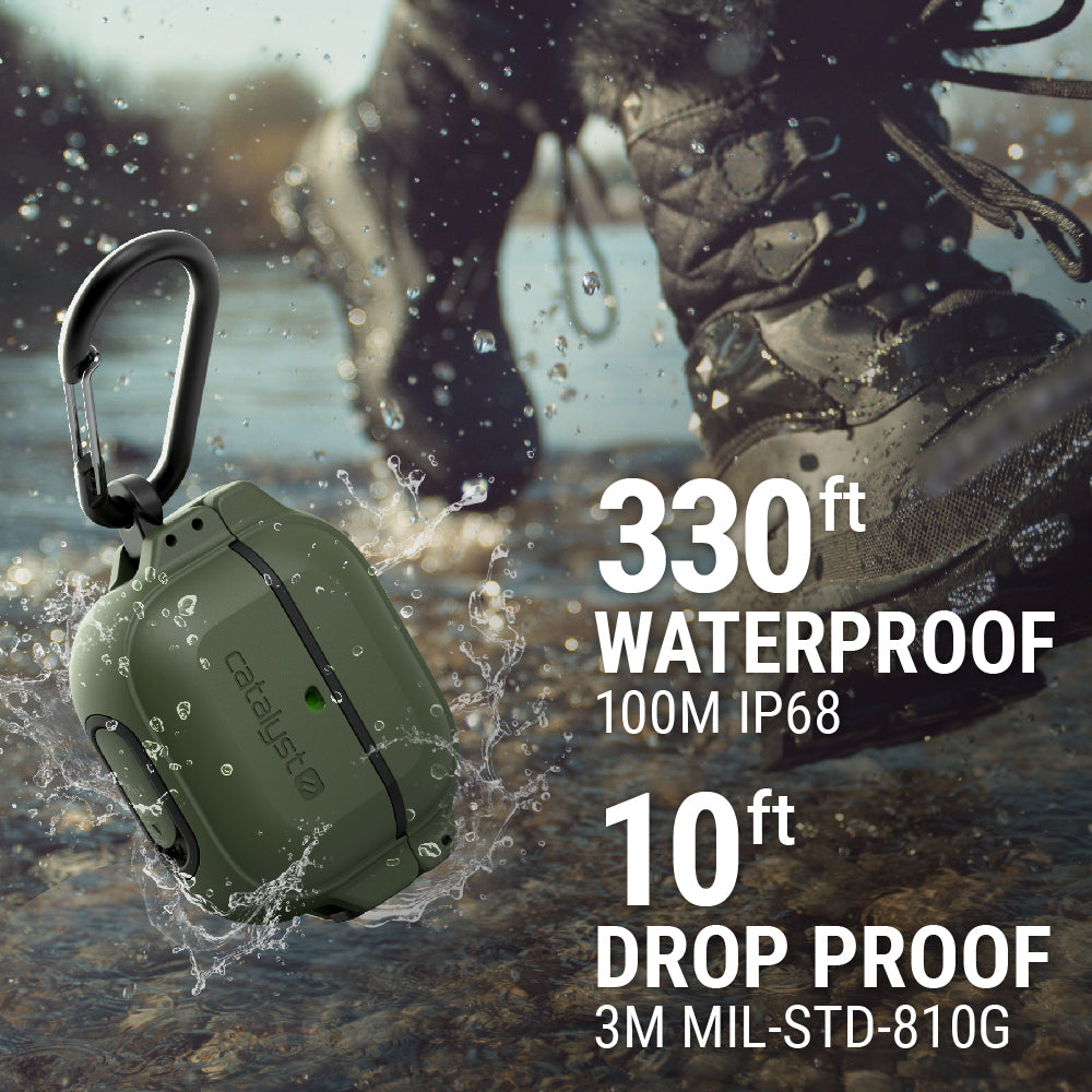  Catalyst airpds gen 3 100m waterproof total protection case+ carabiner showing how drop proof and waterproof resistance of the case in stealth black colorway text reads 330 ft waterproof 100m IP68 10ft drop proof 3m MIL-STD-810G