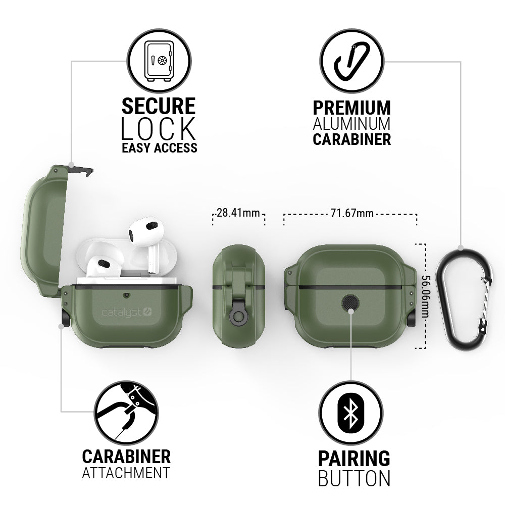 Catalyst airpods gen 3 100m waterproof total protection case+ carabiner showing the case features and dimensions in army green colorway text reads secure lock easy access premium aluminum carabiner pairing button carabiner attachment