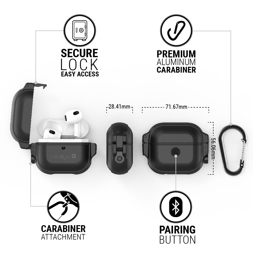 Catalyst airpods gen 3 100m waterproof total protection case+ carabiner showing the case features and dimensions in stealth black colorway text reads secure lock easy access premium aluminum carabiner pairing button carabiner attachment
