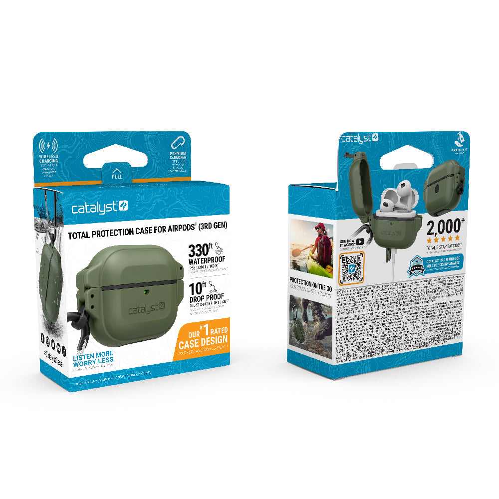 Catalyst airpods gen 3 100m waterproof total protection case+ carabiner showing the case front-and-back view of the packaging in army green colorway