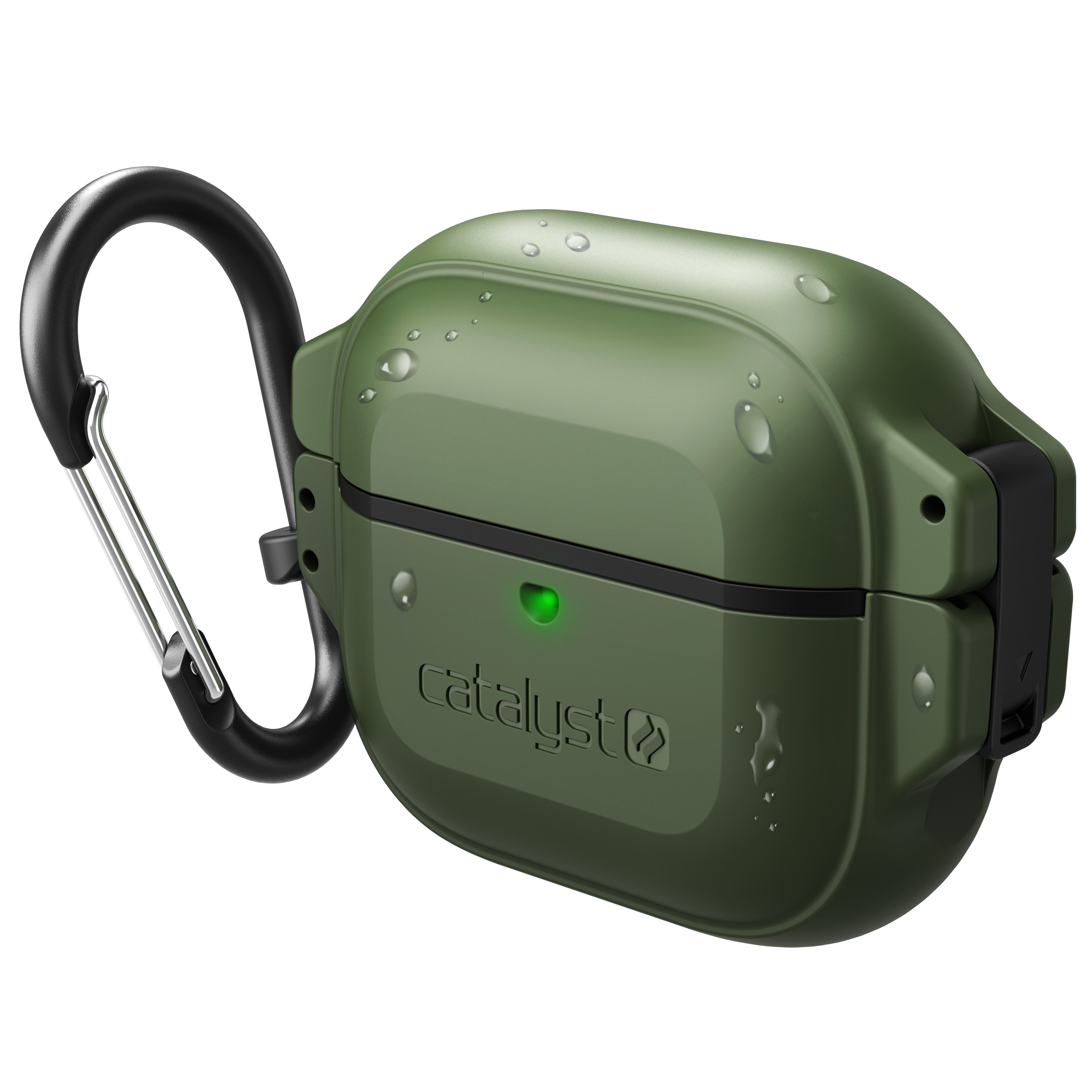 Catalyst airpds gen 3 100m waterproof total protection case+ carabiner showing the front view of the case in army green colorway