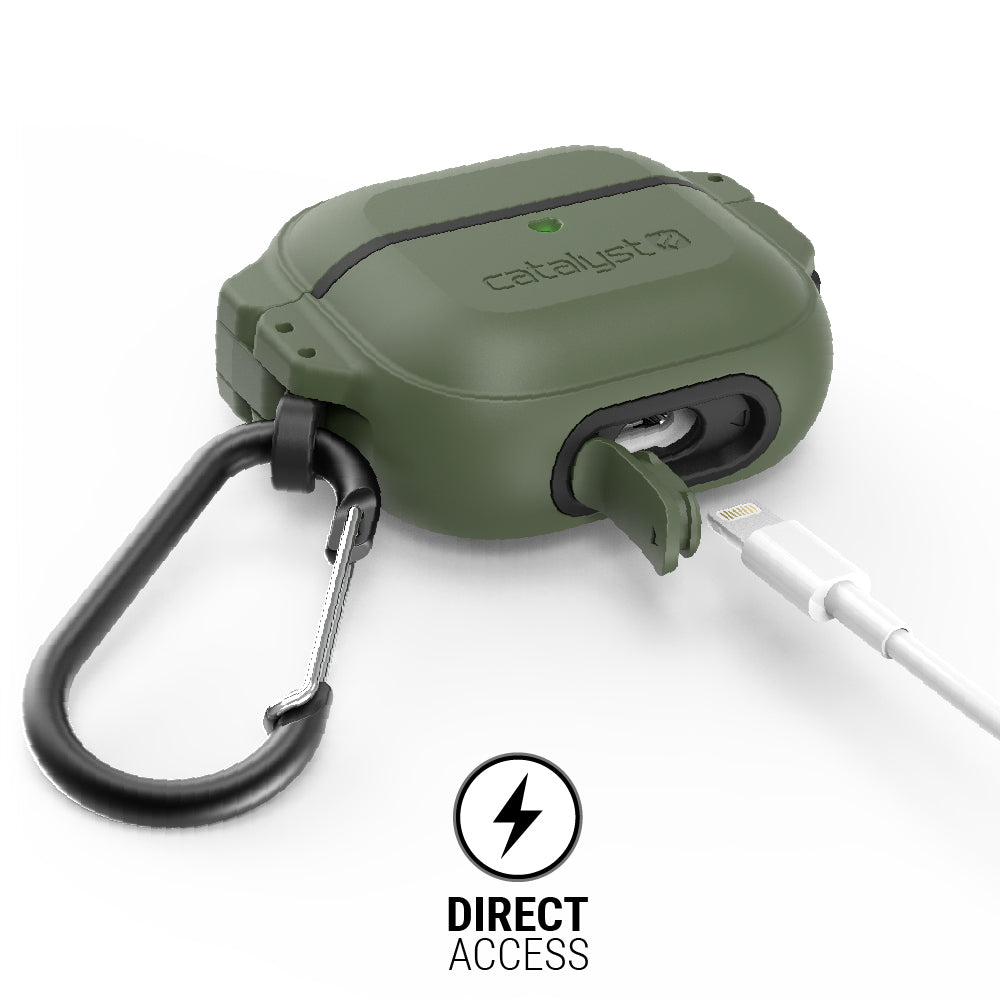  Catalyst airpods gen 3 100m waterproof total protection case+ carabiner showing the case easy access port plug-in army green colorway text reads direct access