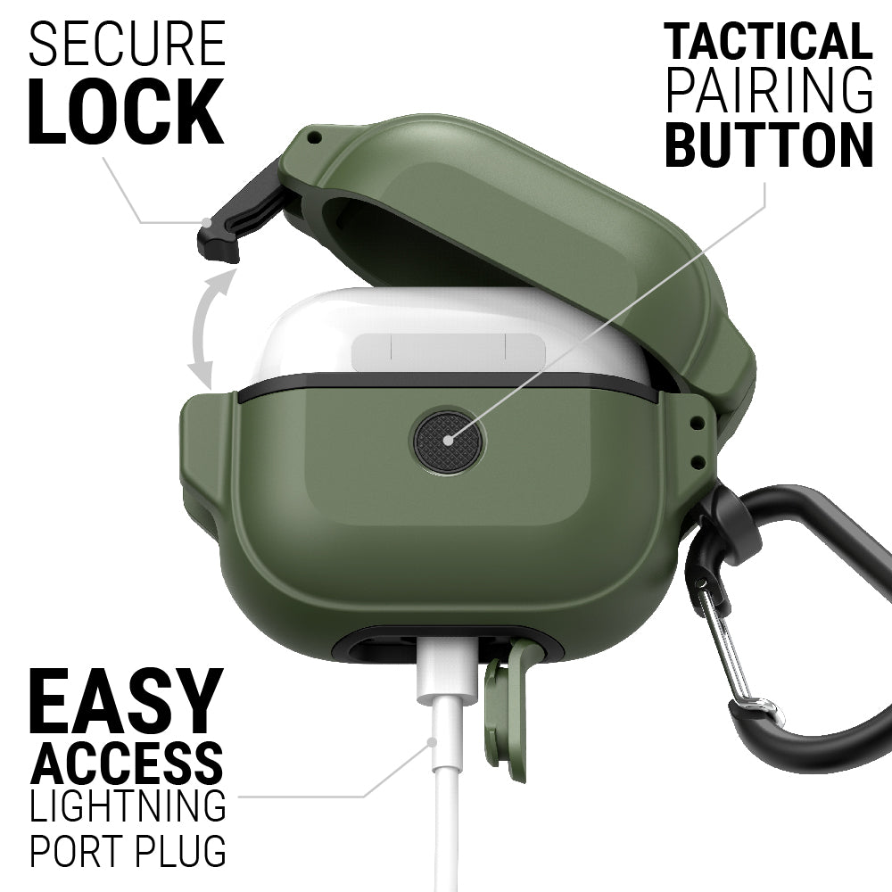 Catalyst airpods gen 3 100m waterproof total protection case+ carabiner showing the case features with lightning port attached in army green colorway text reads secure lock tactical pairing button easy access lightning port plug