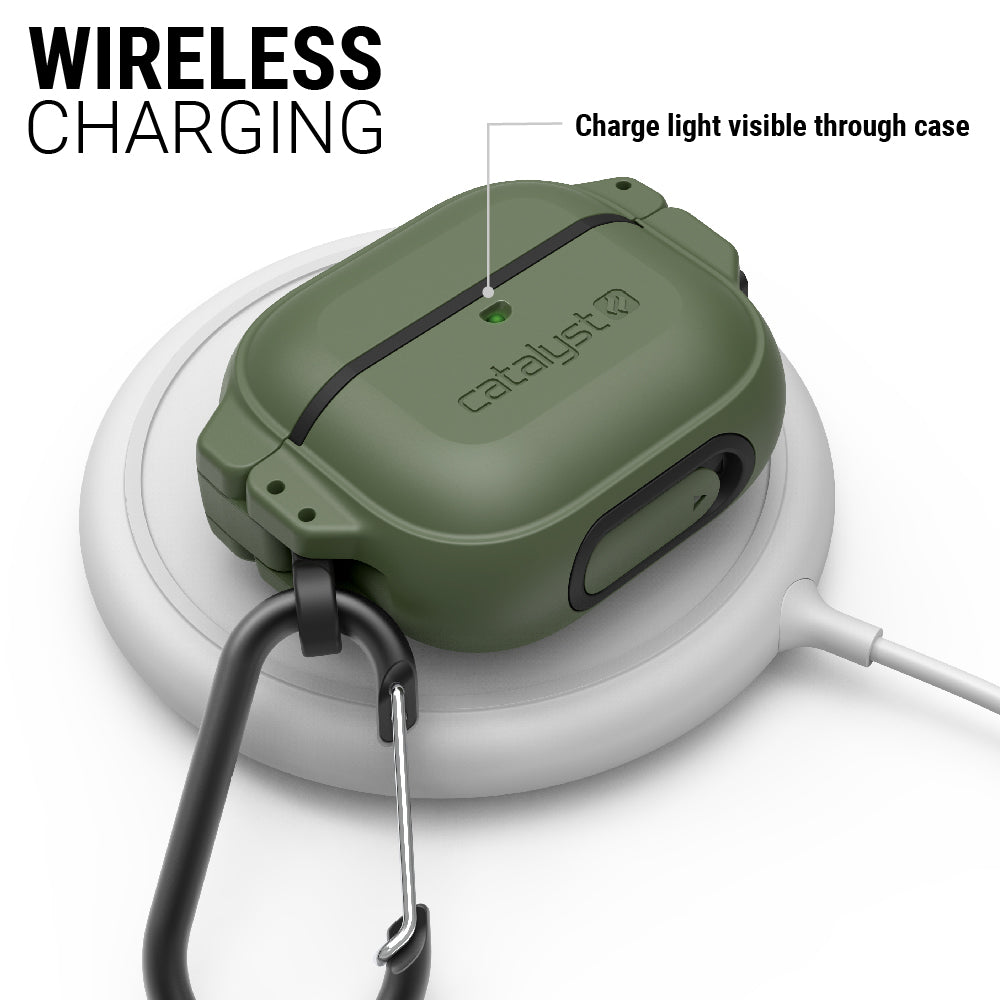Catalyst airpods gen 3 100m waterproof total protection case+ carabiner showing the case wireless charging in army green colorway text reads wireless charging charge light visible through the case