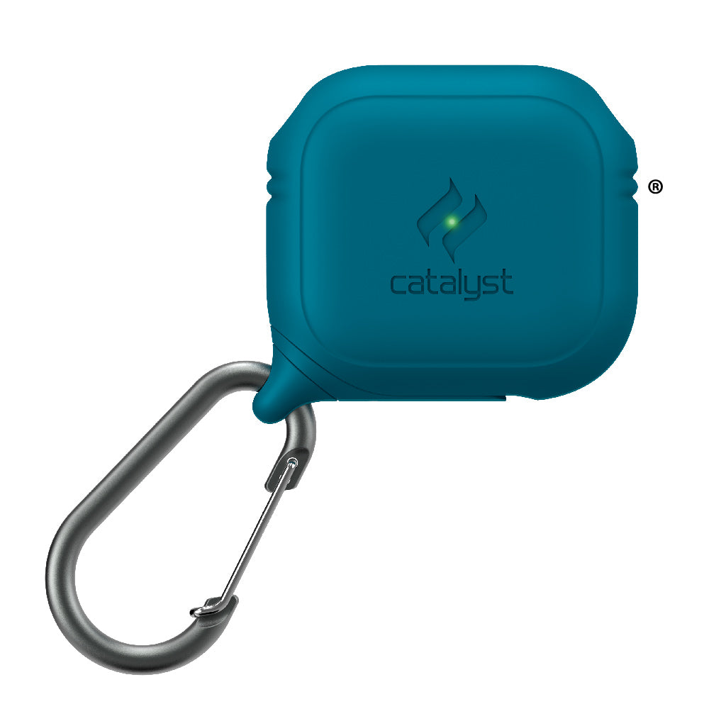 Catalyst airpods gen 3 influence case+ carabiner showing the front view of the case with attached lanyard in marine blue colorway