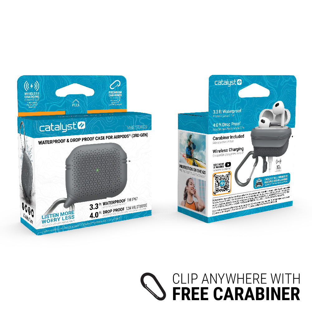 catalyst airpods gen 3 vibe case carabiner battleship gray front and back view of the packaging text reads clip anywhere with free carabiner