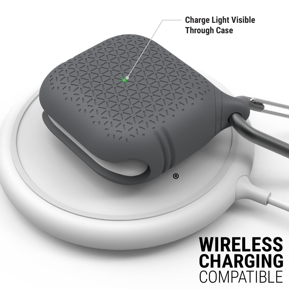 catalyst airpods gen 3 vibe case carabiner battleship gray on top of a waireless charger text reads charge light visible through case wireless charging compatible