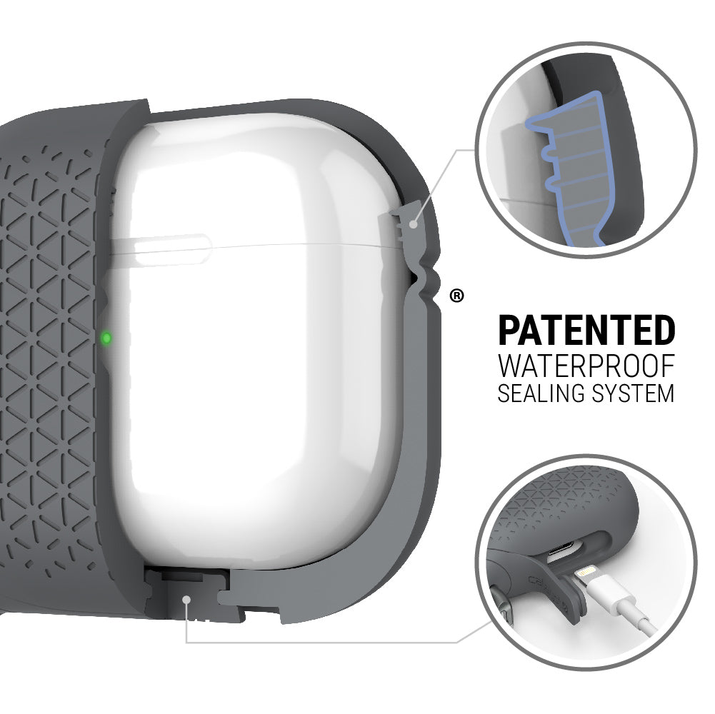 catalyst airpods gen 3 vibe case carabiner battleship gray showing the patented waterproof sealing system texts reads patented waterproof sealing system