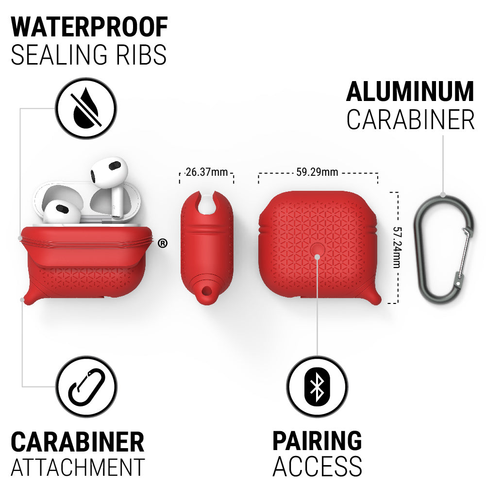 catalyst airpods gen 3 vibe case carabiner flame red different views showing the sealing ribs carabiner attachment loop and pairing access text reads waterproof sealing ribs aluminum carabiner carabiner attachment pairing access 26.37mm 59.29mm 57.24mm