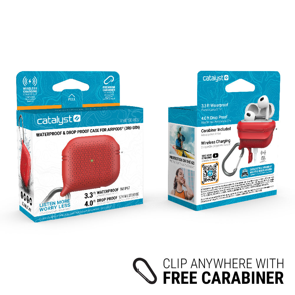 catalyst airpods gen 3 vibe case carabiner flame red front and back view of the packaging text reads clip anywhere with free carabiner