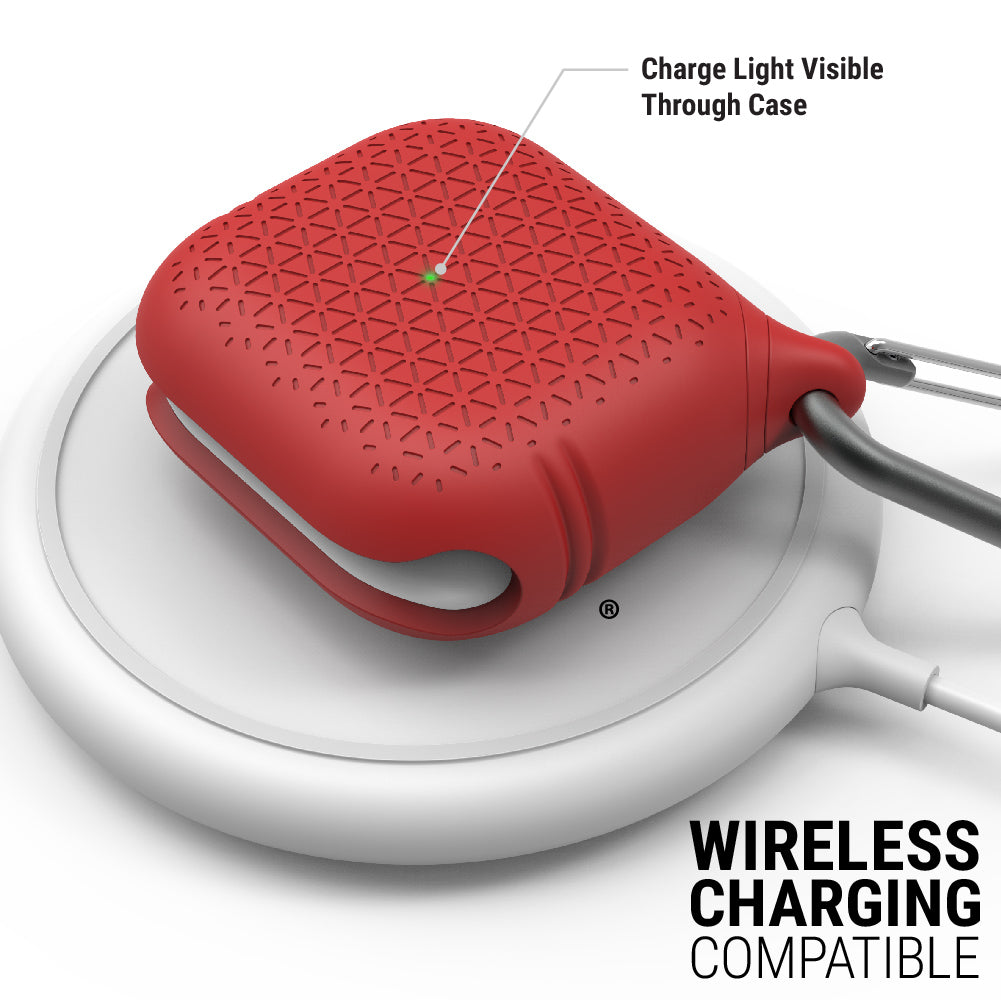 catalyst airpods gen 3 vibe case carabiner flame red on top of a waireless charger text reads charge light visible through case wireless charging compatible