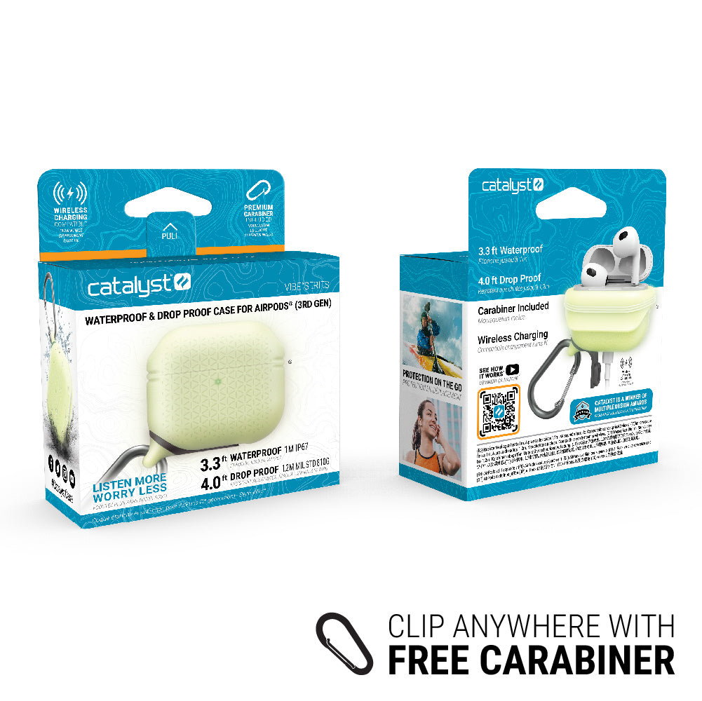catalyst airpods gen 3 vibe case carabiner glow in the dark front and back view of the packaging text reads clip anywhere with free carabiner