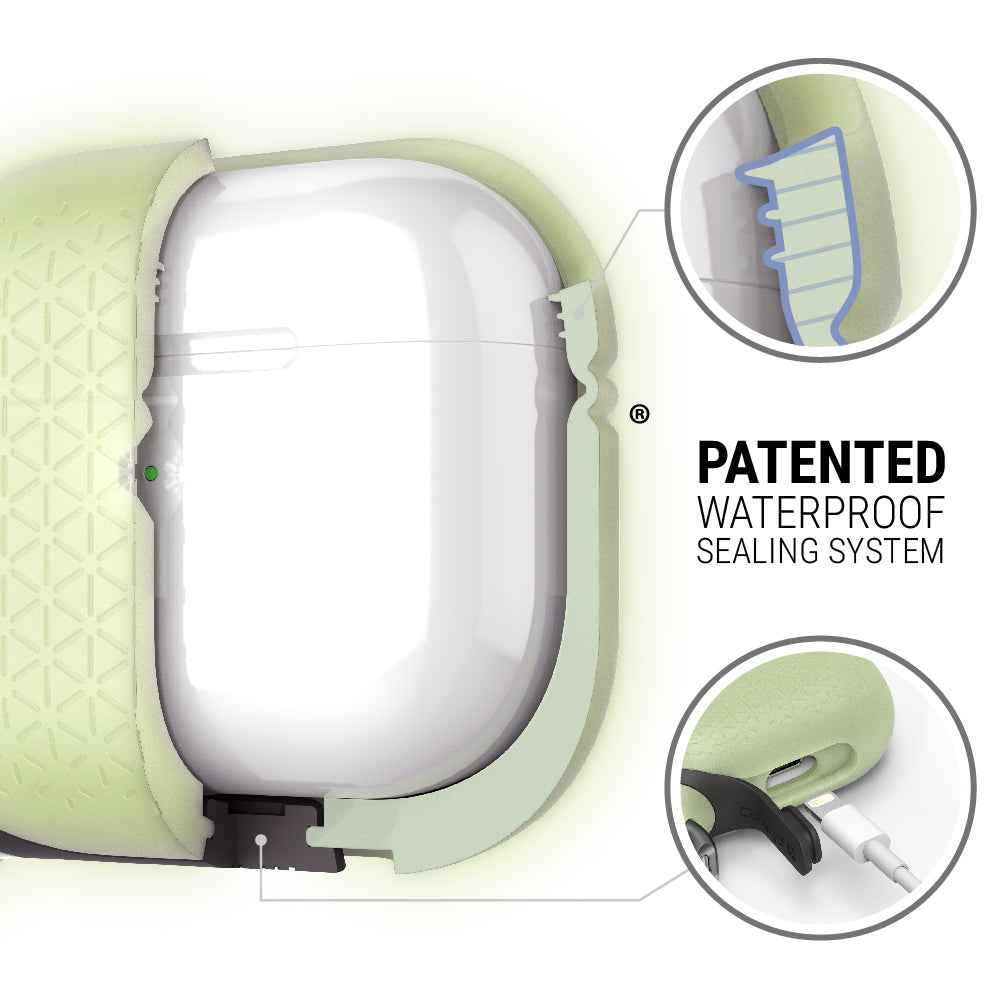 catalyst airpods gen 3 vibe case carabiner glow in the dark showing the patented waterproof sealing system texts reads patented waterproof sealing system