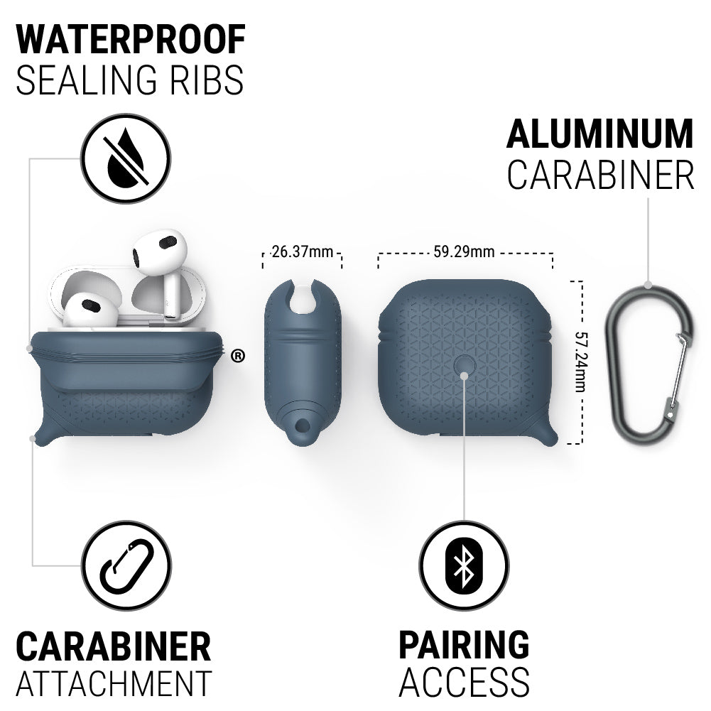 catalyst airpods gen 3 vibe case carabiner oceanic blue different views showing the sealing ribs carabiner attachment loop and pairing access text reads waterproof sealing ribs aluminum carabiner carabiner attachment pairing access 26.37mm 59.29mm 57.24mm