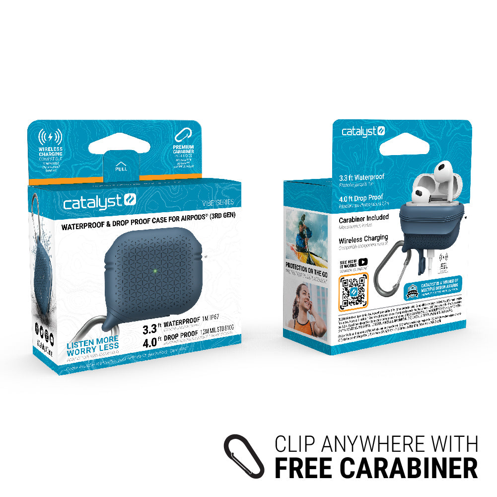 catalyst airpods gen 3 vibe case carabiner oceanic blue front and back view of the packaging text reads clip anywhere with free carabiner