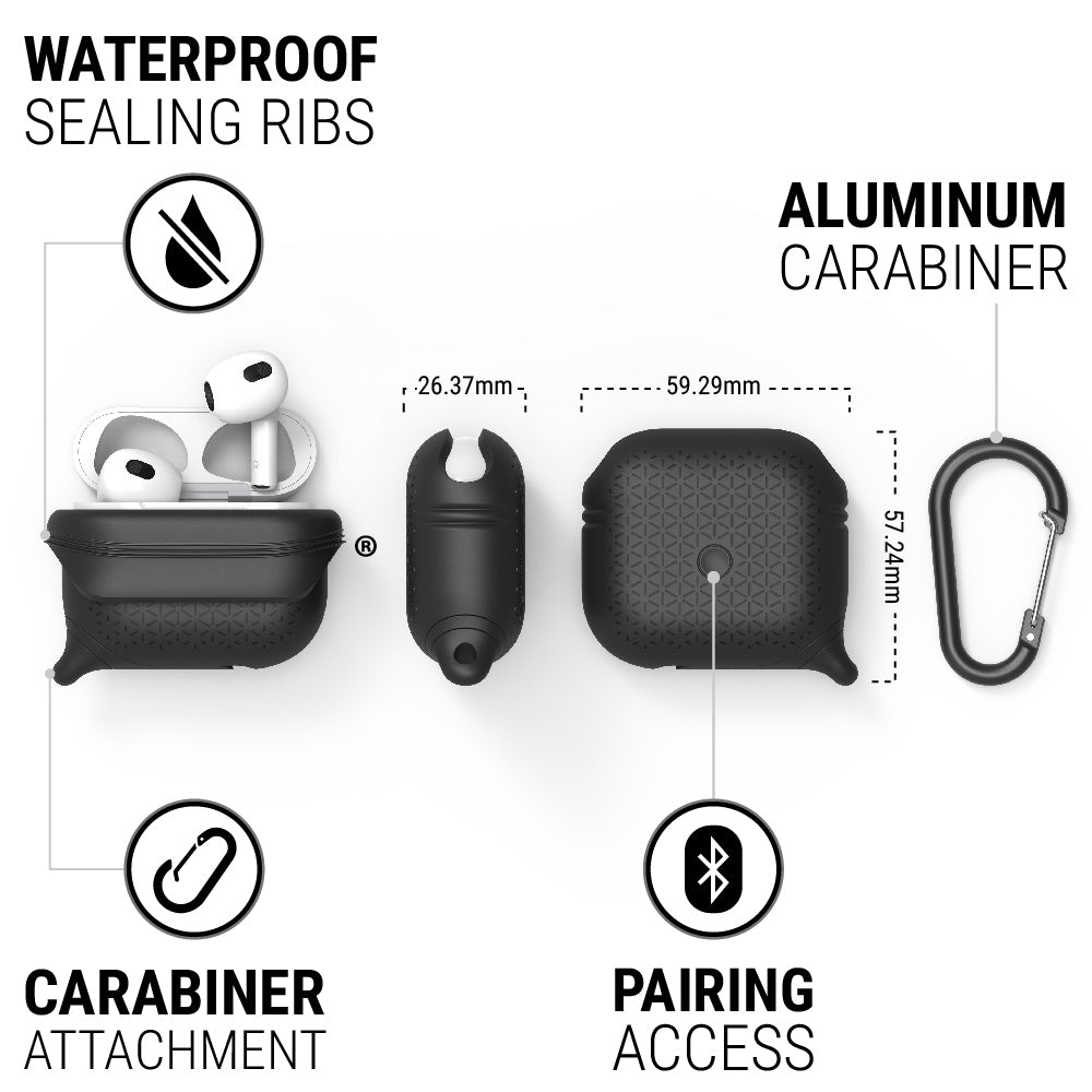 catalyst airpods gen 3 vibe case carabiner stealth black different views showing the sealing ribs carabiner attachment loop and pairing access text reads waterproof sealing ribs aluminum carabiner carabiner attachment pairing access