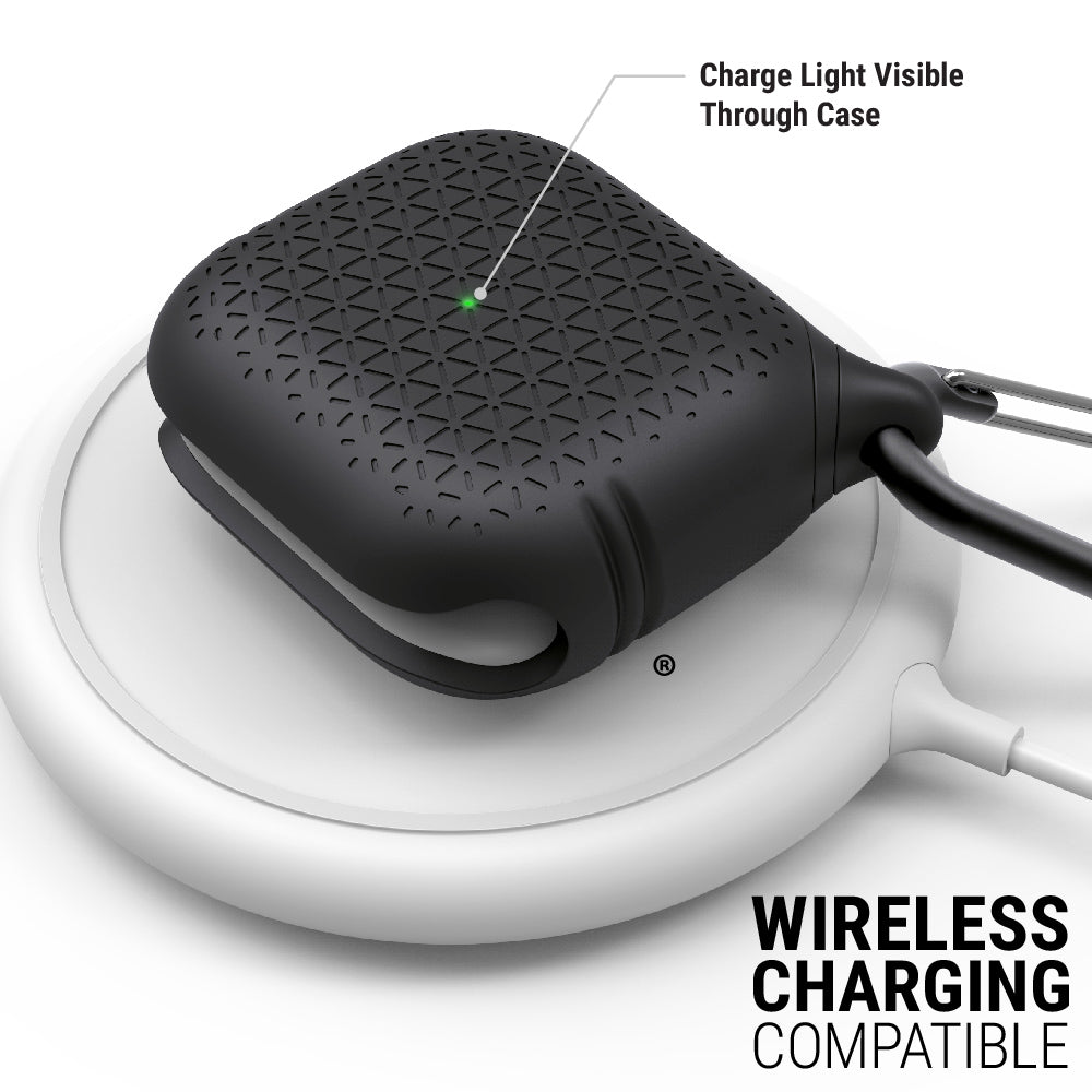 catalyst airpods gen 3 vibe case carabiner stealth black on top of a waireless charger text reads charge light visible through case wireless charging compatible