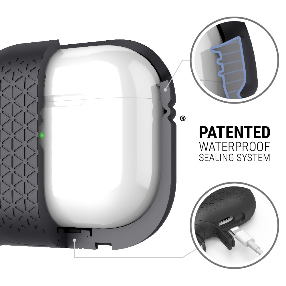 catalyst airpods gen 3 vibe case carabiner stealth black showing the patented waterproof sealing system texts reads patented waterproof sealing system
