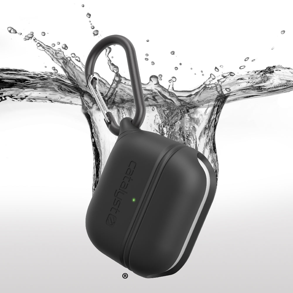 Catalyst airpods gen 3 waterproof case+carabiner special edition showing the capacity of the case being waterproof in black colorway