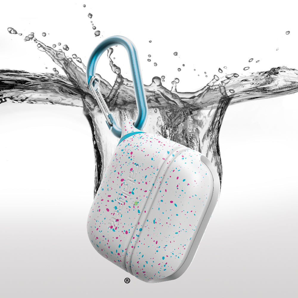 Catalyst airpods gen 3 waterproof case+carabiner special edition showing the capacity of the case being waterproof in funfetti colorway
