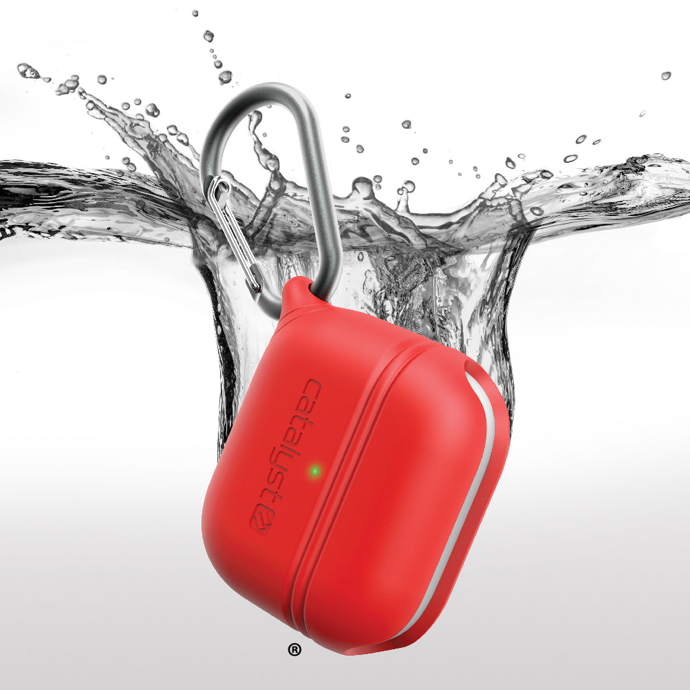  Catalyst airpods gen 3 waterproof case+carabiner special edition showing the capacity of the case being waterproof in red colorway