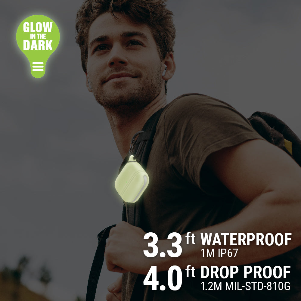 Catalyst airpods gen 3 waterproof case+carabiner special edition showing the case attached to a bag strap in glow in the dark colorway text reads 3.3 ft waterproof 1M IP67 4.0 ft drop proof 1.2M MIL-STD-810G