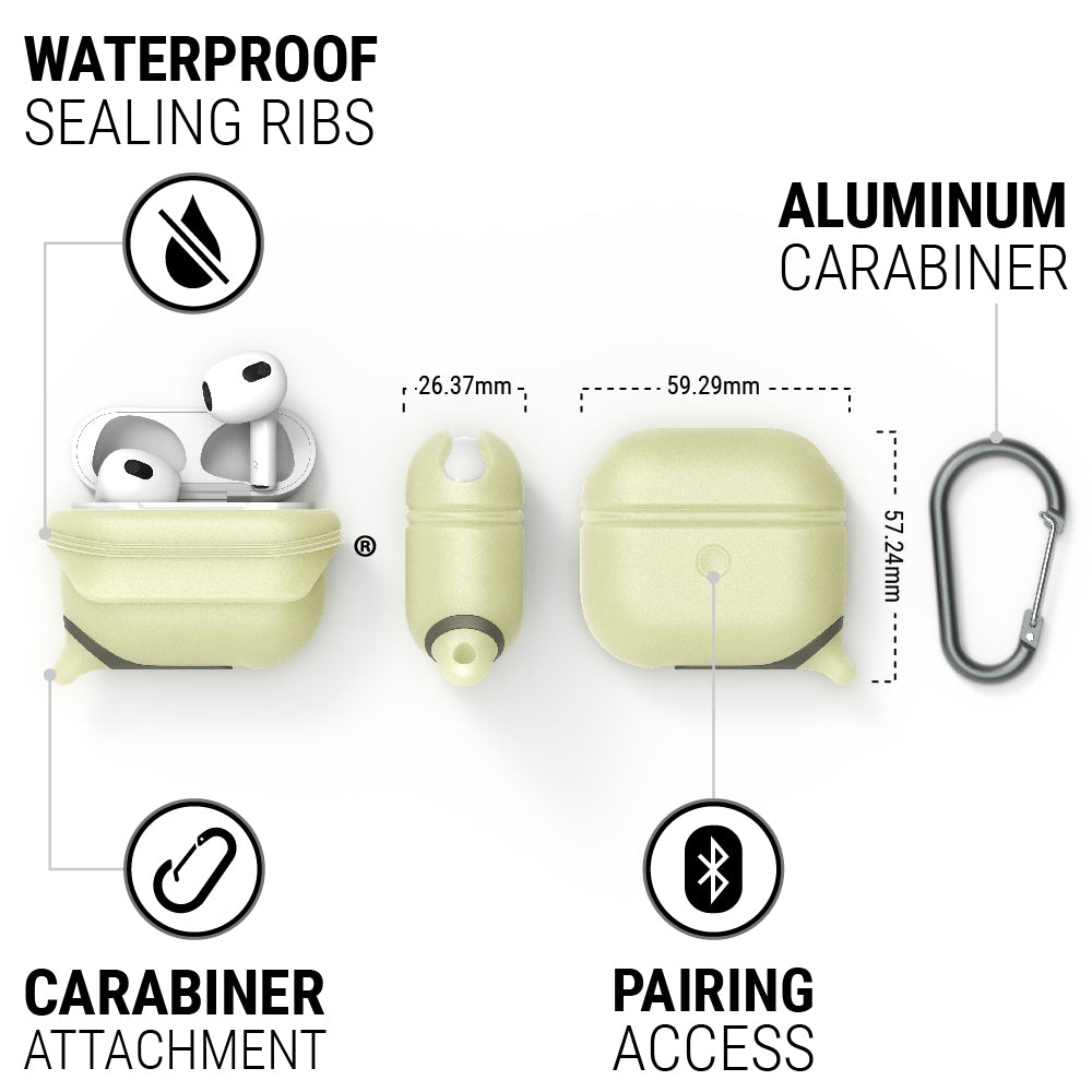 CATAPLAPD3GITD | Catalyst airpods gen 3 waterproof case+carabiner special edition showing the case features and dimensions in glow in the dark colorway