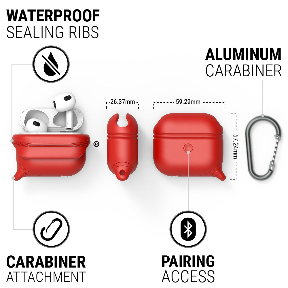 Catalyst airpods gen 3 waterproof case+carabiner special edition showing the case features and dimensions in red colorway