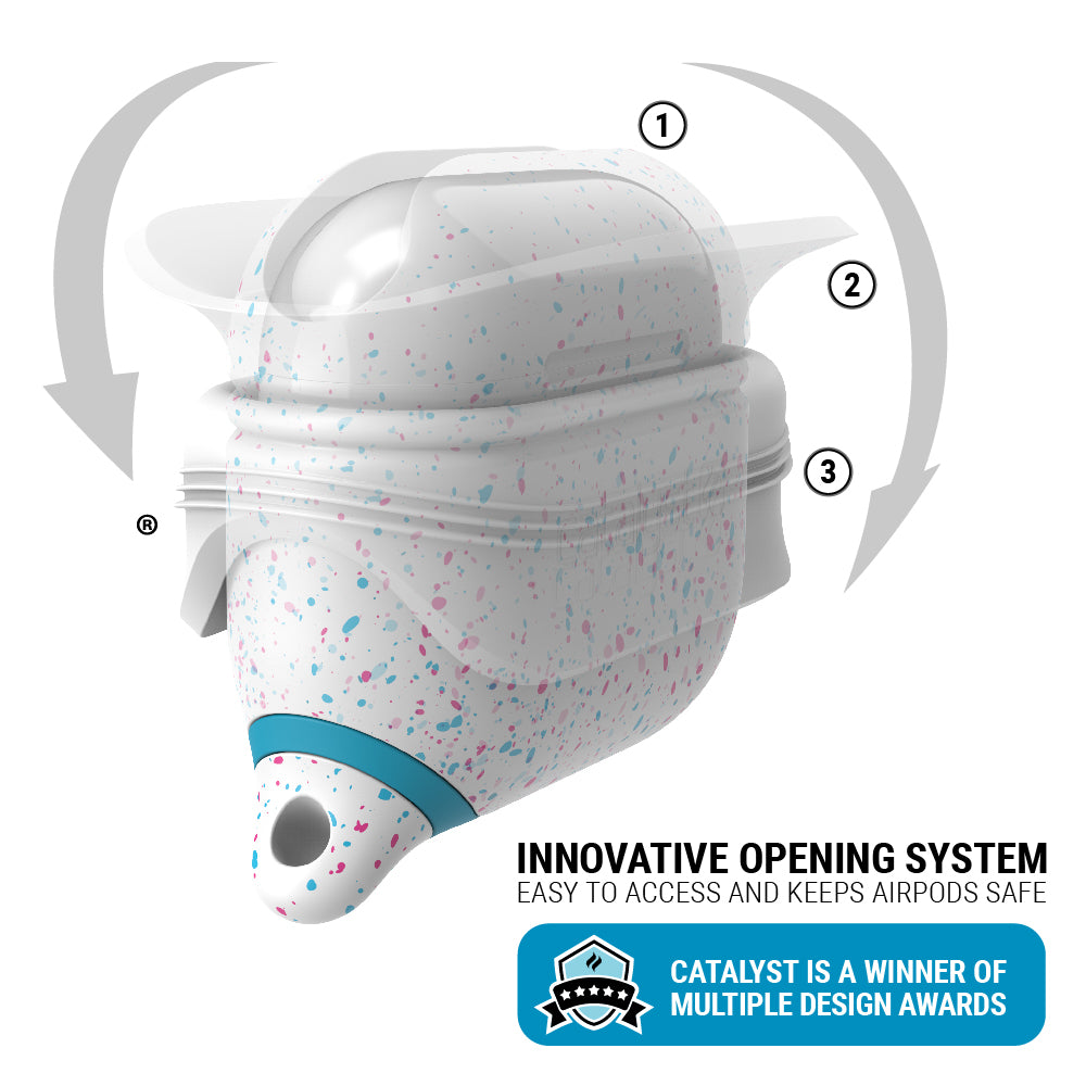 Catalyst airpods gen 3 waterproof case+carabiner special edition showing the foldable silicone of the case in funfetti colorway text reads innovative opening system easy to access and keeps airpods safe catalyst is a winner of multiple awards