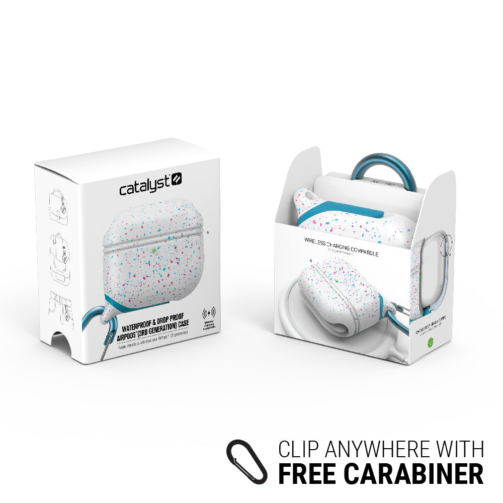 CATAPLAPD3FUN | Catalyst airpods gen 3 waterproof case+carabiner special edition showing the front and back view of the case in funfetti  colorway text reads clip anywhere with free carabiner
