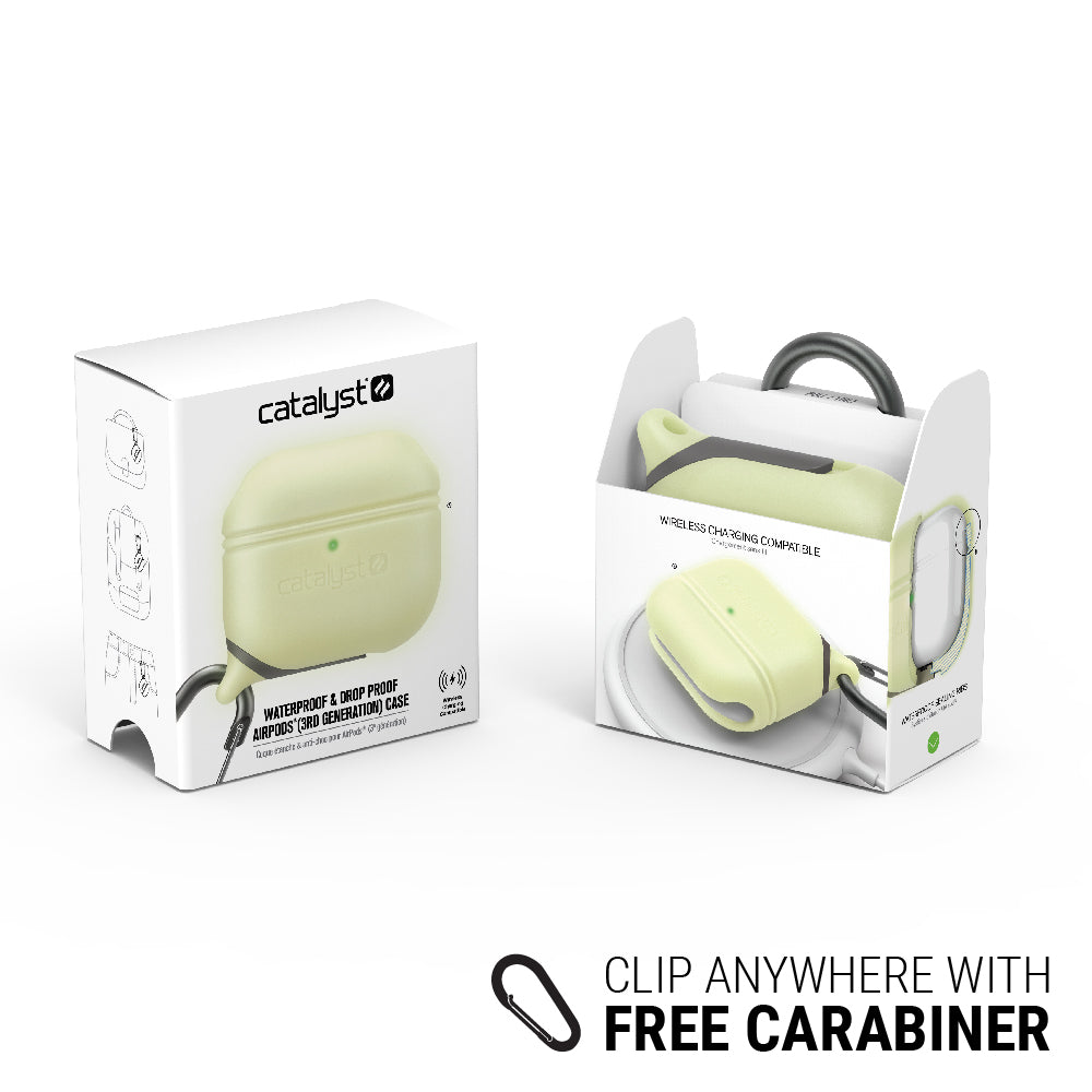 CATAPLAPD3GITD | Catalyst airpods gen 3 waterproof case+carabiner special edition showing the front and back view of the case in glow in the dark colorway text reads clip anywhere with free carabiner