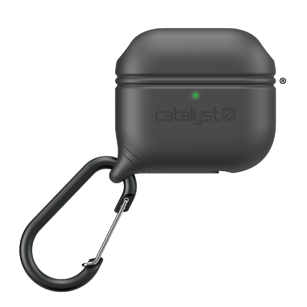 Catalyst airpods gen 3 waterproof case+carabiner special edition showing the front view of the case in black colorway