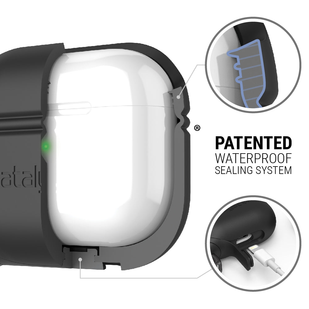 Catalyst airpods gen 3 waterproof case+carabiner special edition showing the inner material of the case in black colorway text reads patented waterproof sealing system
