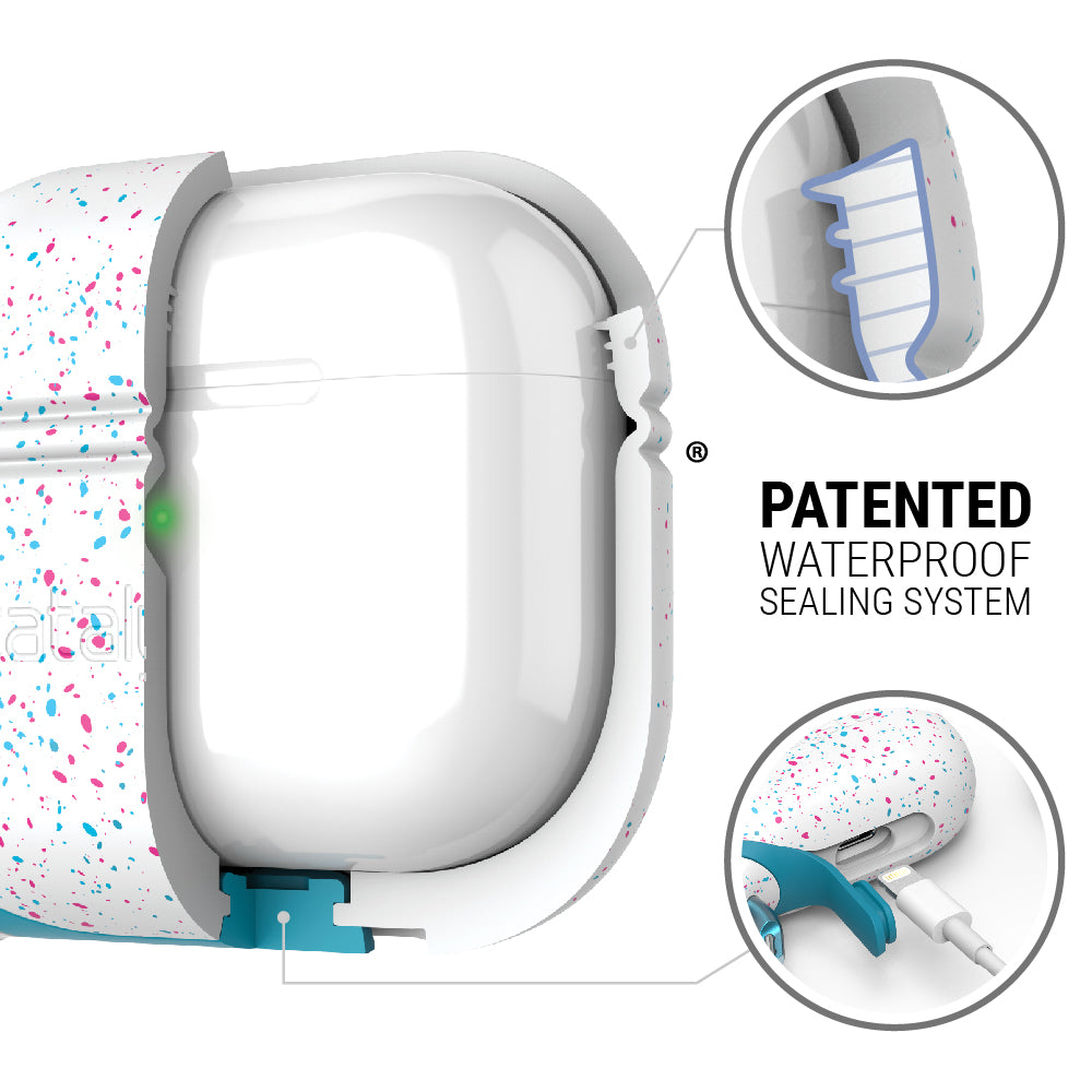Catalyst airpods gen 3 waterproof case+carabiner special edition showing the inner material of the case in funfetti colorway text reads patented waterproof sealing system