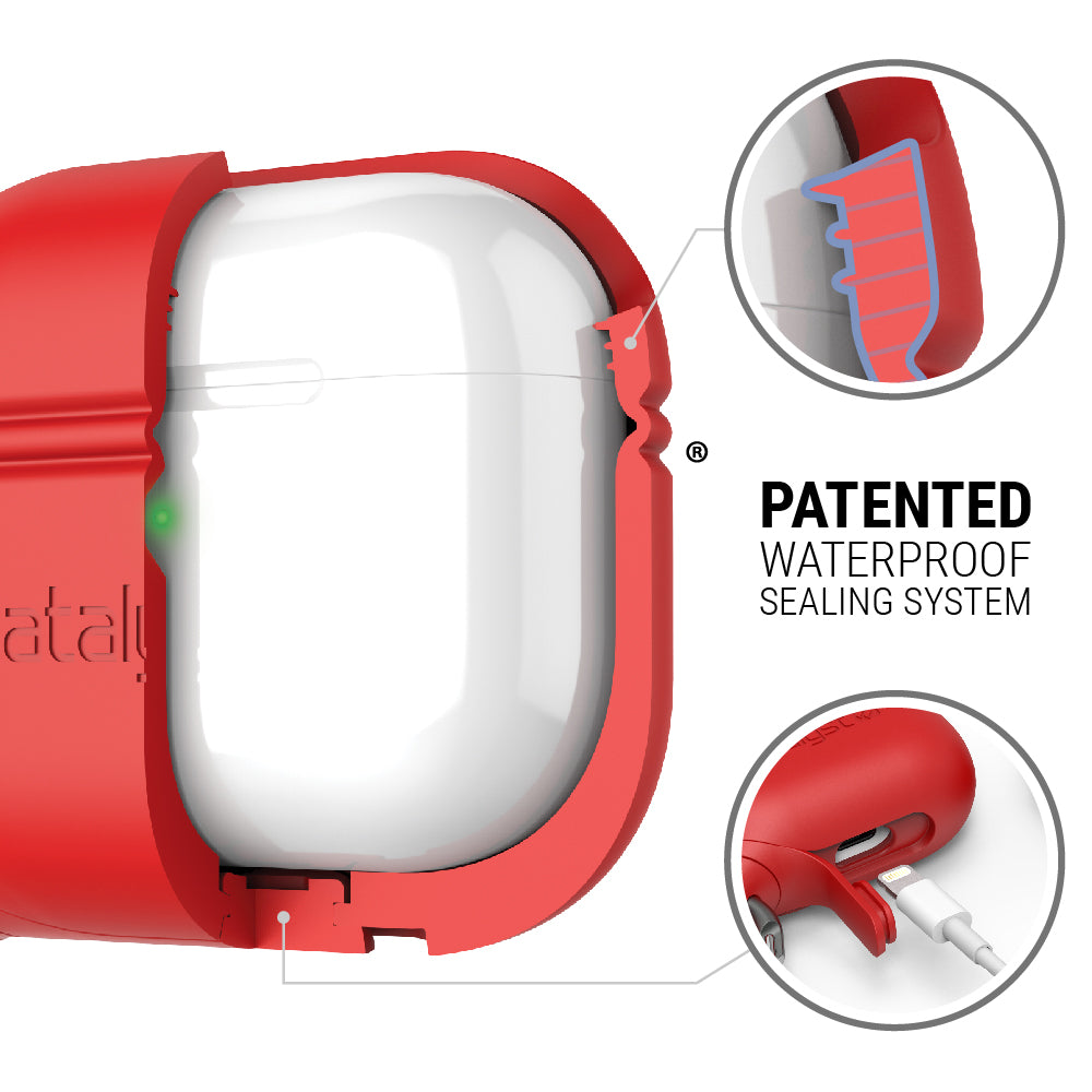 Catalyst airpods gen 3 waterproof case+carabiner special edition showing the inner material of the case in red colorway text reads patented waterproof sealing system