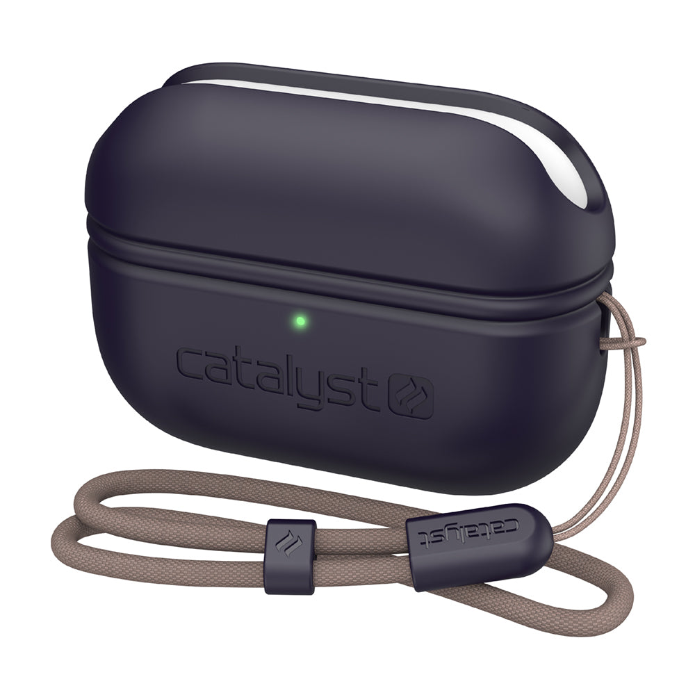 Catalyst airpods pro gen2/1 essential case+lanyard showing the front view of the case with a lanyard attached in ink colorway