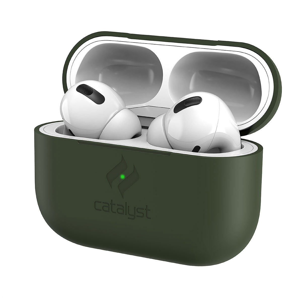 Catalyst airpods pro gen 2/1 slim case showing a closer look of front view of the case in army green colorway