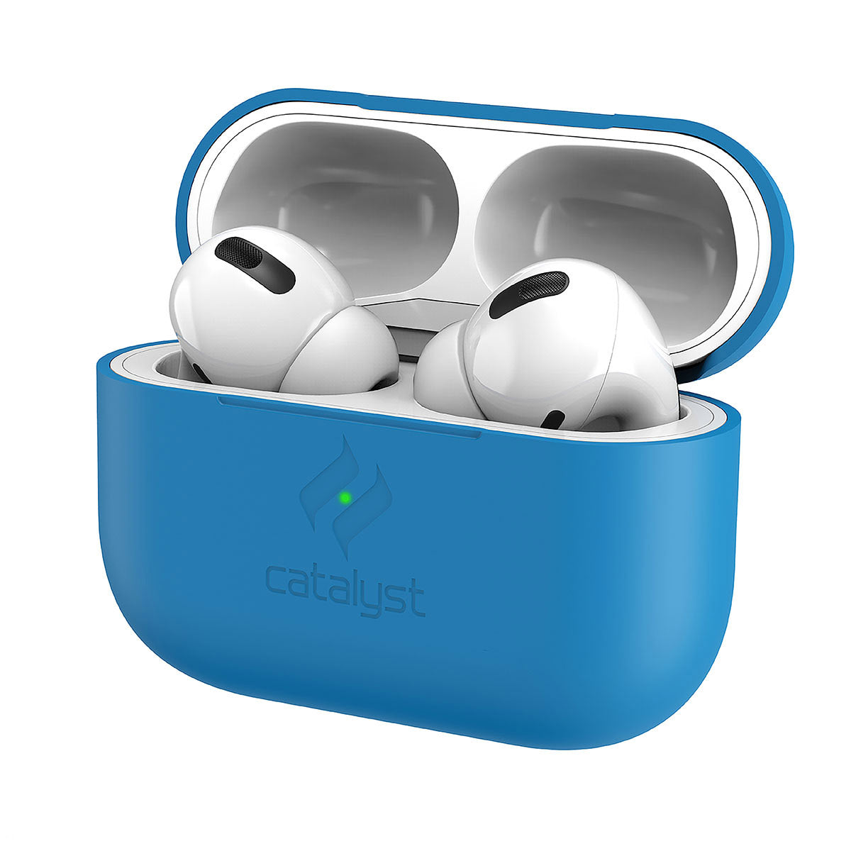 Catalyst airpods pro gen 2/1 slim case showing a closer look of front view of the case in neon blue colorway