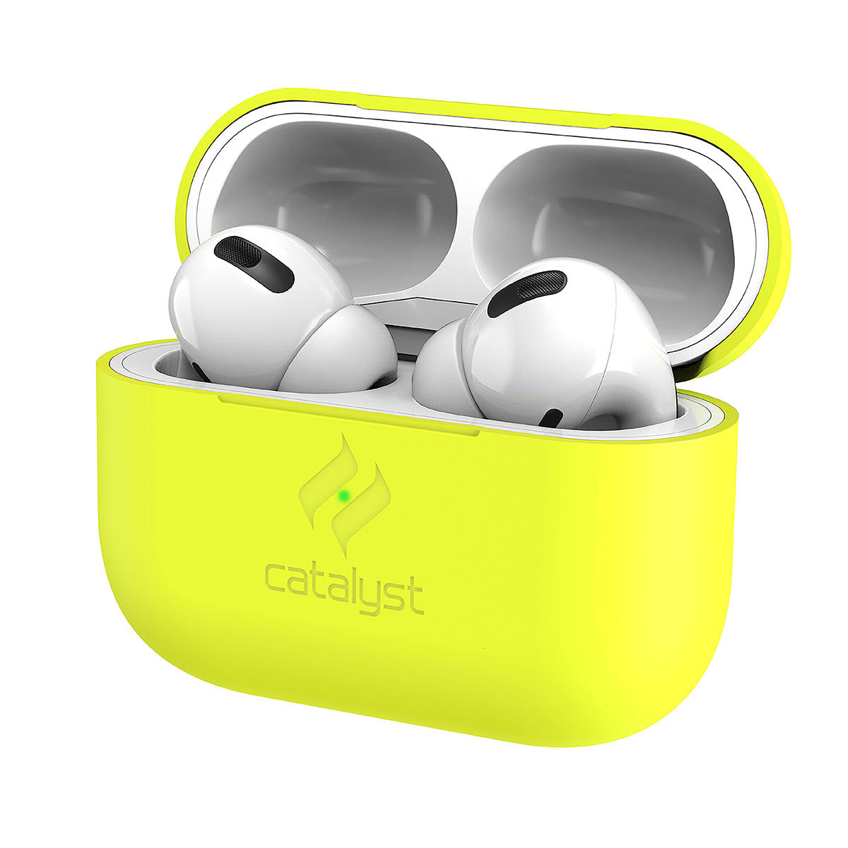 Catalyst airpods pro gen 2/1 slim case showing a closer look of front view of the case in neon yellow colorway