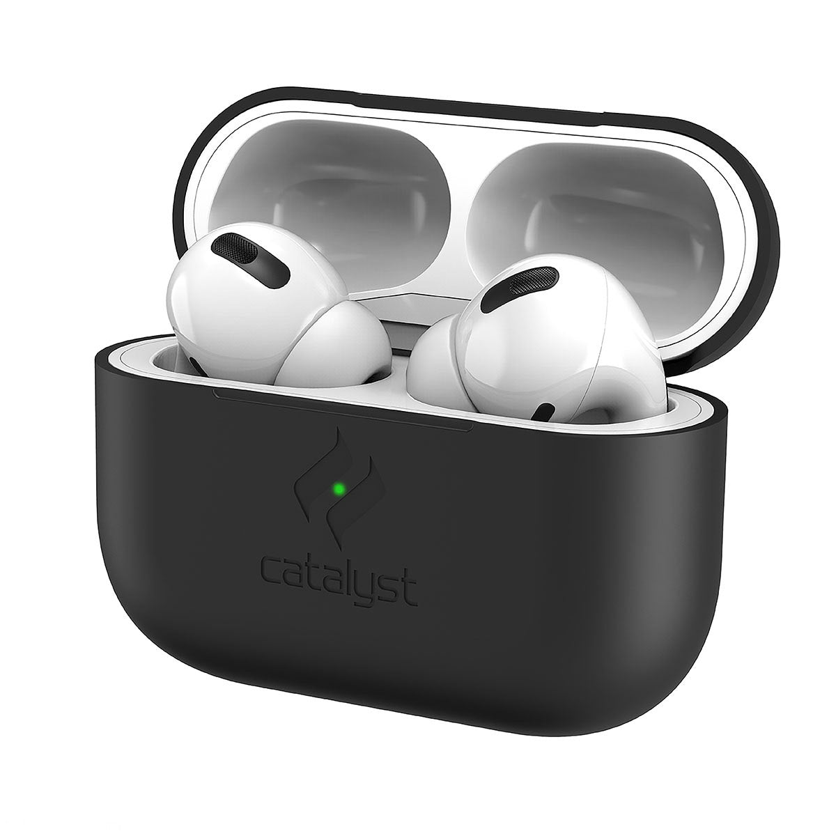 Catalyst airpods pro gen 2/1 slim case showing a closer look of front view of the case in stealth black colorway