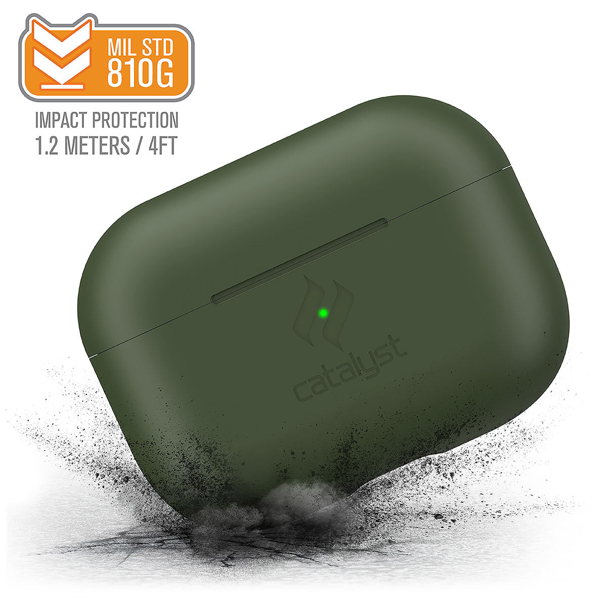 Catalyst airpods pro gen 2/1 slim case showing how drop proof the case is in an army green colorway text reads MIL STD 810G impact protection 1.2 meters/4FT