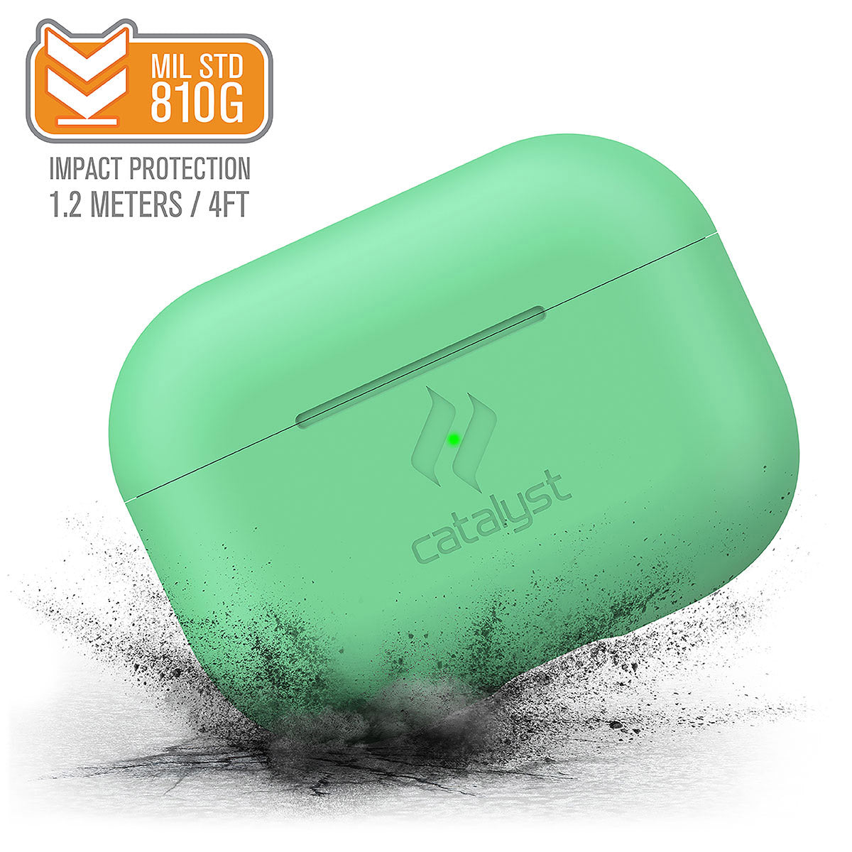 Catalyst airpods pro gen 2/1 slim case showing how drop proof the case is in a mint green colorway text reads MIL STD 810G impact protection 1.2 meters/4FT
