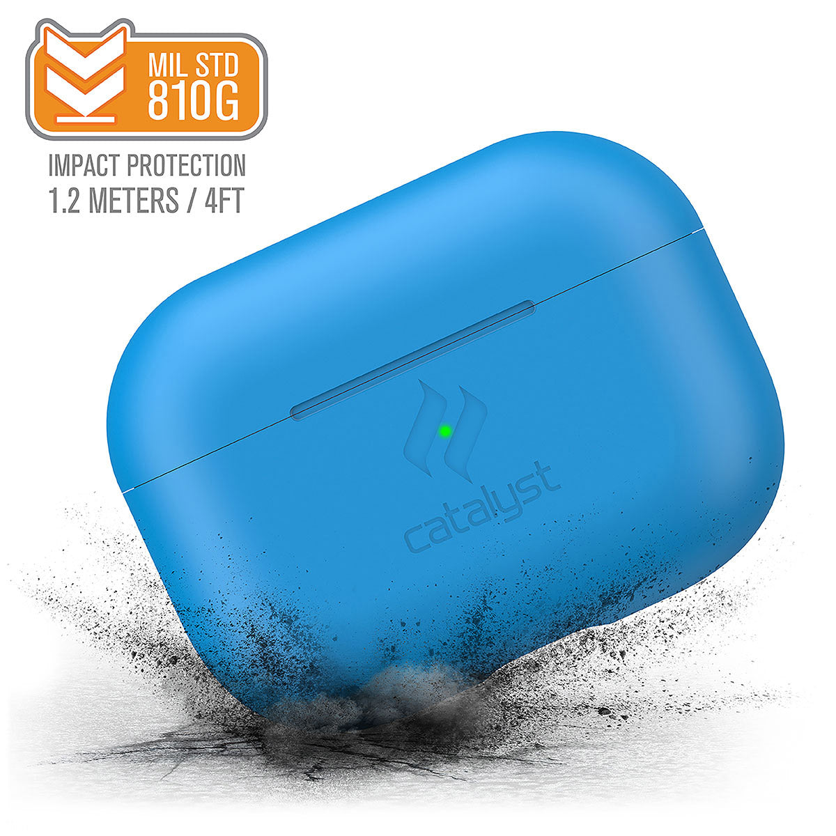 Catalyst airpods pro gen 2/1 slim case showing how drop proof the case is in a neon blue text reads MIL STD 810G impact protection 1.2 meters/4FT 