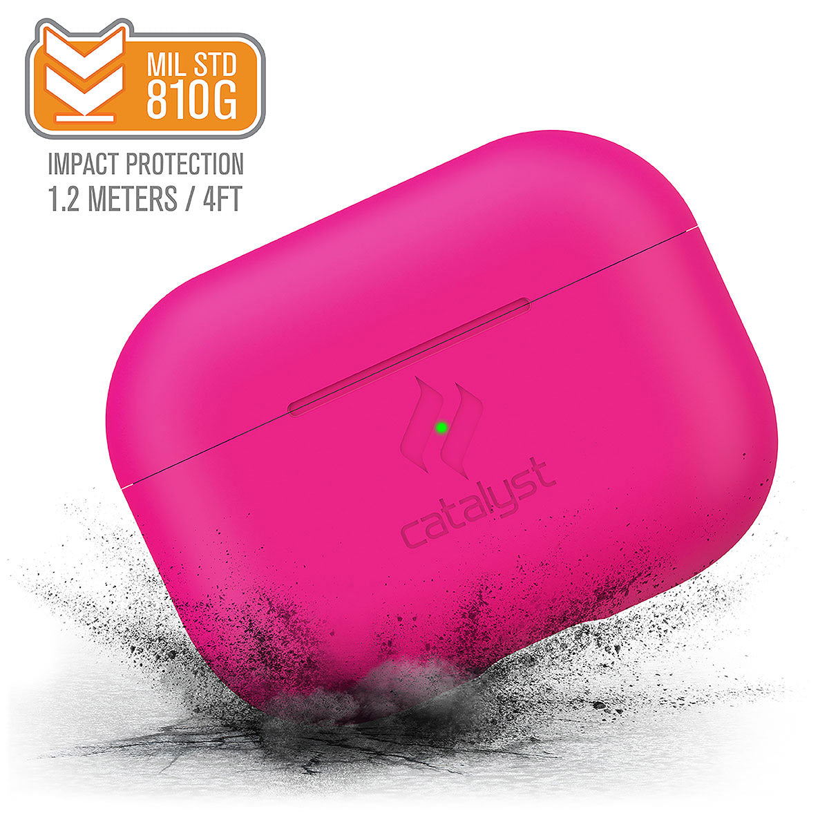 Catalyst airpods pro gen 2/1 slim case showing how drop proof the case is in a neon pink text reads MIL STD 810G impact protection 1.2 meters/4FT